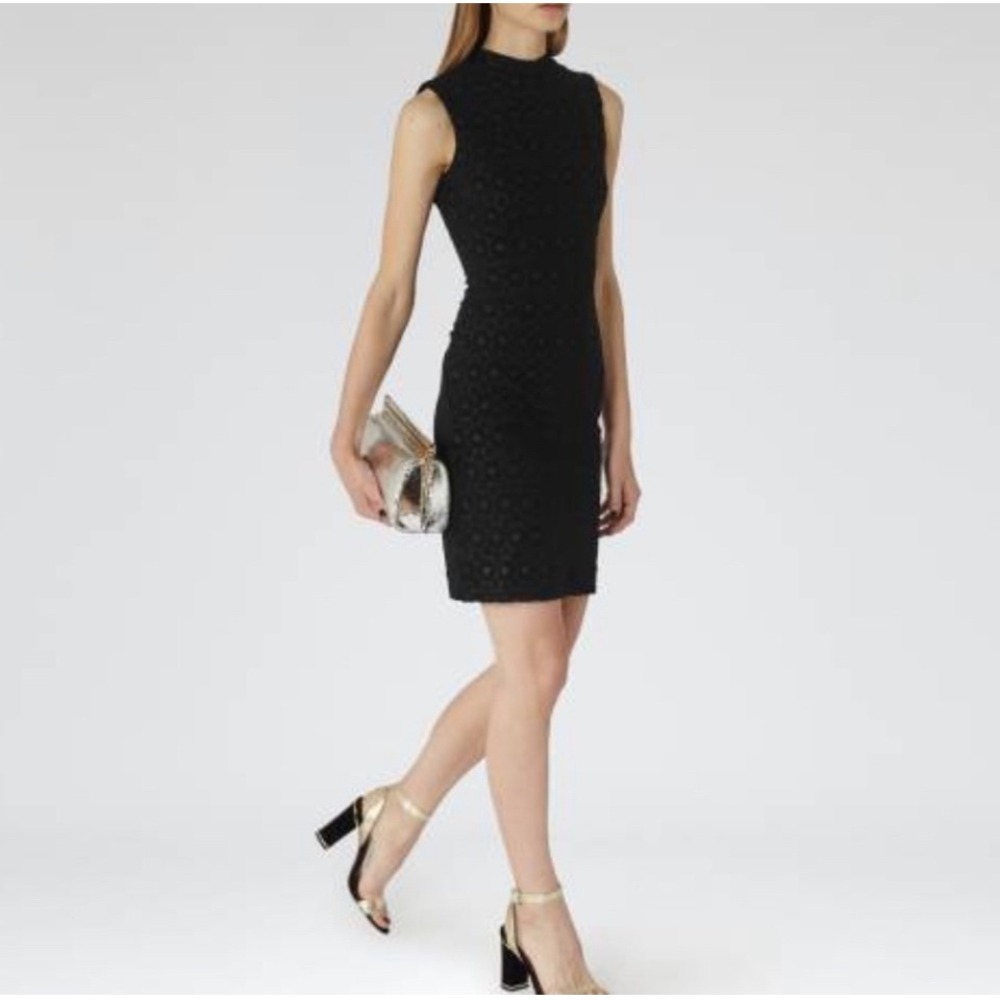 REISS Black Jester Sleeveless Mock Neck‎ Textured Sheath Dress Size US 4 UK 8